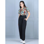 Generic Girl's Polyester Printed Short Sleeves Jumpsuit (Multicolor-Black)