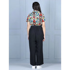 Generic Girl's Polyester Printed Short Sleeves Jumpsuit (Multicolor-Black)