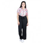 Generic Girl's Polyester Floral Short Sleeves Jumpsuit (White-Black)