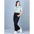 Generic Girl's Polyester Floral Short Sleeves Jumpsuit (Green-Black)