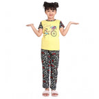 Generic Girl's Cotton Hosiery Printed Night Suit Set (Yellow-Black)