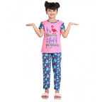 Generic Girl's Cotton Hosiery Printed Night Suit Set (Pink-Blue)