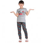 Generic Girl's Cotton Hosiery Printed Night Suit Set (Grey-Red)