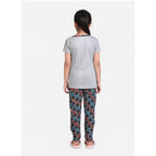 Generic Girl's Cotton Hosiery Printed Night Suit Set (Grey-Red)