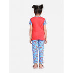 Generic Girl's Cotton Hosiery Printed Night Suit Set (Red-Blue)