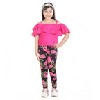 Generic Girl's Cotton Floral Elasticated Jegging and Top Set (Black-Pink)