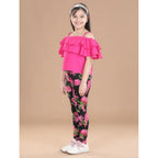 Generic Girl's Cotton Floral Elasticated Jegging and Top Set (Black-Pink)
