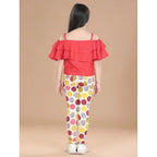 Generic Girl's Cotton Floral Elasticated Jegging and Top Set (Red)