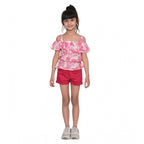 Generic Girl's Cotton Floral Cold Shoulder Top and Shorts Set (Pink-Red)
