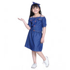 Generic Girl's Denim Solid Cold Shoulder Top and Skirt Set (Navy Blue)