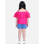 Generic Girl's Rayon Solid Cold Shoulder Top with Shorts (Pink-Blue)