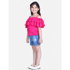 Generic Girl's Rayon Solid Cold Shoulder Top with Shorts (Pink-Blue)