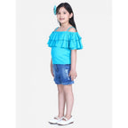 Generic Girl's Rayon Solid Cold Shoulder Top with Shorts (Blue)