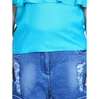 Generic Girl's Rayon Solid Cold Shoulder Top with Shorts (Blue)