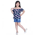 Generic Girl's Rayon Solid Cold Shoulder Top with Shorts (Navy Blue)