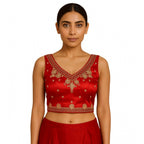 Generic Women's Silk Embroidered V-Neck Sleeveless Readymade Padded Blouse (Red, Size 38)
