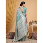 Generic Women's Linen Cotton Printed Saree With Unstitched Blouse 5.5Mtr (Sea Green)