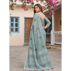 Generic Women's Linen Embroidered Saree With Unstitched Blouse 5.5Mtr (Sea Green)