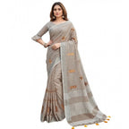 Generic Women's Linen Embroidered Saree With Unstitched Blouse 5.5Mtr (Light Beige)