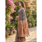 Generic Women's Linen Cotton Printed Saree With Unstitched Blouse 5.5Mtr (Grey)