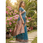 Generic Women's Linen Cotton Printed Saree With Unstitched Blouse 5.5Mtr (Blue)