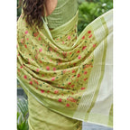 Generic Women's Linen Floral Embroidered Saree With Unstitched Blouse 5.5Mtr (Light Green)