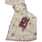 Generic Women's Star Georgette Embroidered Saree With Unstitched Blouse 5.5Mtr (Cream)