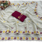 Generic Women's Star Georgette Embroidered Saree With Unstitched Blouse 5.5Mtr (Beige-Red)