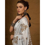 Generic Women's Viscose Silk Embroidered Saree With Unstitched Blouse 5.5Mtr (Grey)
