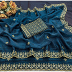Generic Women's Satin Embellished Saree With Unstitched Blouse 5.5Mtr (Teal)