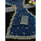 Generic Women's Satin Embellished Saree With Unstitched Blouse 5.5Mtr (Teal)