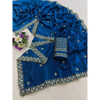 Generic Women's Satin Embellished Saree With Unstitched Blouse 5.5Mtr (Teal)
