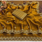 Generic Women's Satin Embellished Saree With Unstitched Blouse 5.5Mtr (Mustard)