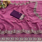 Generic Women's Star Georgette Embroidered Saree With Unstitched Blouse 5.5Mtr (Pink)