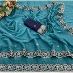 Generic Women's Star Georgette Embroidered Saree With Unstitched Blouse 5.5Mtr (Sea Green)
