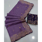 Generic Women's Star Georgette Embroidered Saree With Unstitched Blouse 5.5Mtr (Purple)