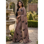 Generic Women's Viscose Silk Embroidered Saree With Unstitched Blouse 5.5Mtr (Brown)