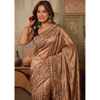 Generic Women's Viscose Silk Embroidered Saree With Unstitched Blouse 5.5Mtr (Brown)